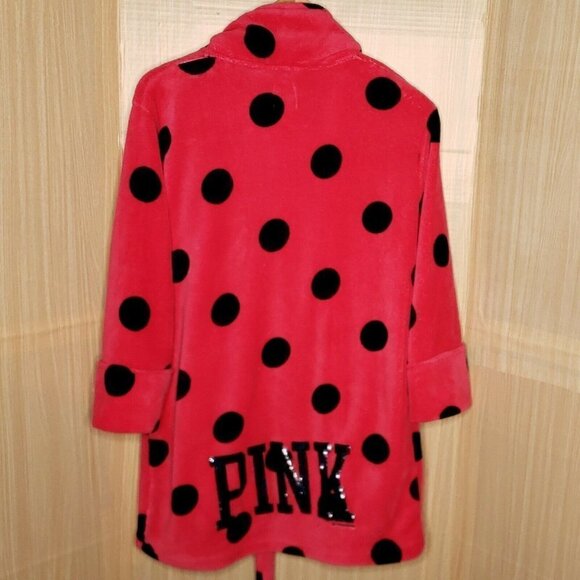 Pink Victoria's Secret Womens Pink Plush Robe Black Polka Dots XS/S - Picture 2 of 8
